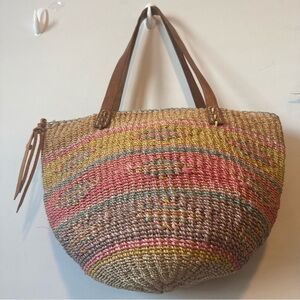 Colorful Woven Tote Bag with Leather Straps Vintage Made In Philippines